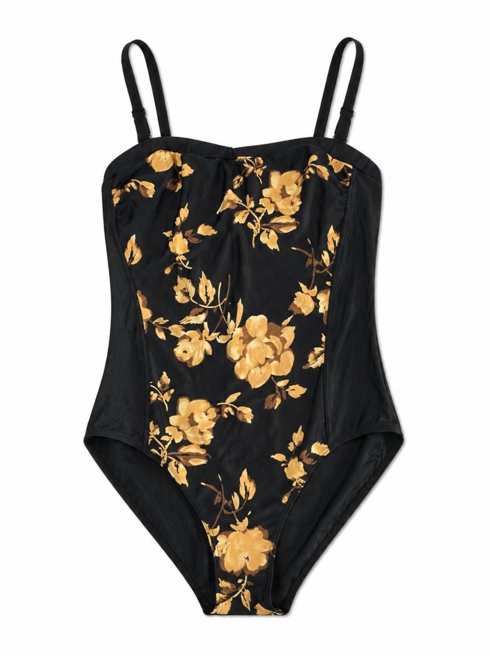Vintage Black Floral One-Piece Swimsuit with Gold Flowers